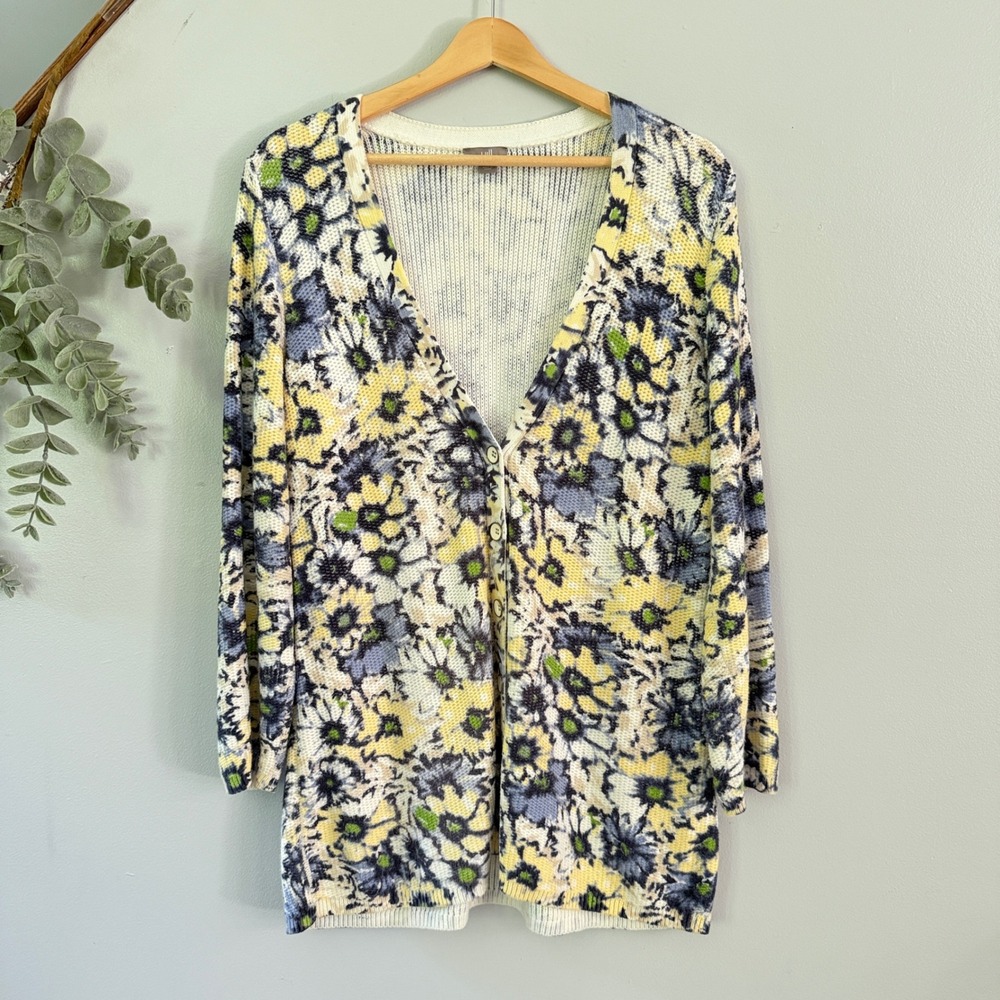 J Jill Cardigan Floral Cottagecore Fairy Botanical Button Up Sweater Blue Yellow